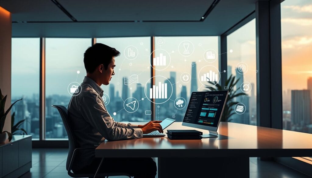 A modern, AI-powered financial services office with a sleek, minimalist design. In the foreground, a person sits at a desk, intently examining personalized financial data and insights on a high-resolution display. Soft, indirect lighting creates a warm, professional atmosphere. In the middle ground, stylized icons and visualizations depicting various financial services hover around the central figure, connected by flowing data streams. The background features floor-to-ceiling windows overlooking a futuristic cityscape, conveying a sense of innovation and technological progress. The overall scene radiates a feeling of personalized, AI-driven financial guidance and empowerment. A modern, AI-powered financial services office with a sleek, minimalist design. In the foreground, a person sits at a desk, intently examining personalized financial data and insights on a high-resolution display. Soft, indirect lighting creates a warm, professional atmosphere. In the middle ground, stylized icons and visualizations depicting various financial services hover around the central figure, connected by flowing data streams. The background features floor-to-ceiling windows overlooking a futuristic cityscape, conveying a sense of innovation and technological progress. The overall scene radiates a feeling of personalized, AI-driven financial guidance and empowerment.