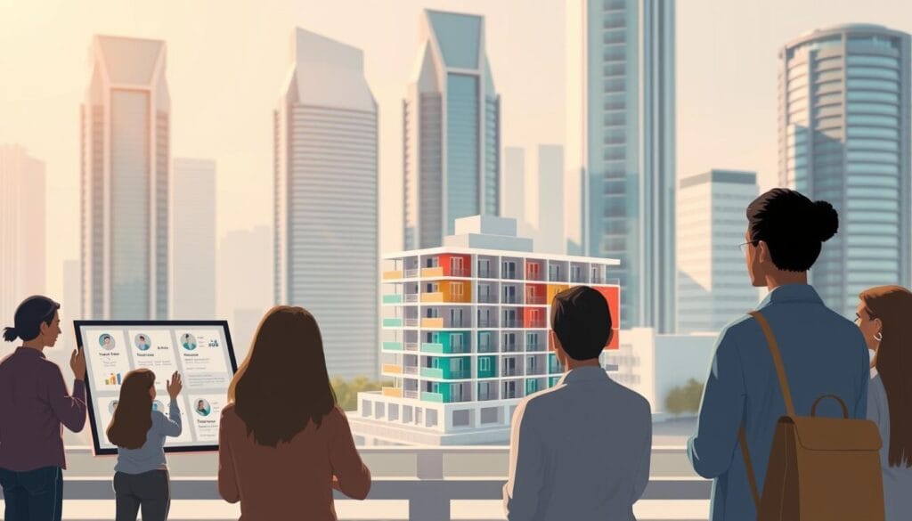 A modern and minimalist illustration showcasing the concept of fractional property shares. In the foreground, a group of diverse individuals are gathered around a sleek digital display, examining various property options and transaction details. The middle ground features a simplified 3D model of a residential building, with different colored sections representing individual fractional ownership shares. The background is a clean, futuristic cityscape with tall, glass-clad skyscrapers, conveying a sense of technological innovation and progress. The overall scene is bathed in warm, diffused lighting, creating a sense of harmony and accessibility.