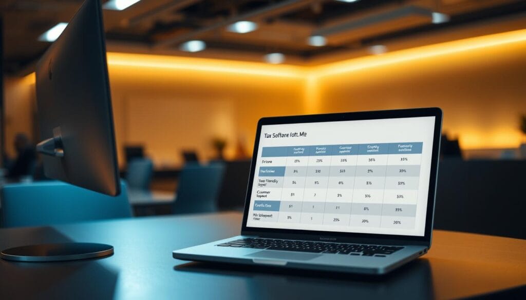 A modern and minimalist office interior with a large desk and a sleek computer monitor. On the desk, an open laptop displays a comparison table of different tax software options, with clear criteria like pricing, features, user-friendliness, and customer support. Warm, indirect lighting illuminates the scene, creating a professional and focused atmosphere. The background is blurred, drawing the viewer's attention to the decision-making process on the laptop screen.