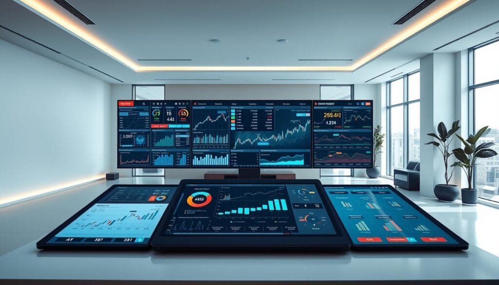 A modern and sleek fintech investment command center. In the foreground, an intuitive touchscreen dashboard showcases a variety of cutting-edge fintech investment tools - interactive charts, portfolio analytics, and personalized recommendations. The middle ground features a large, high-resolution display wall with live market data and financial news updates. In the background, a minimalist office space with floor-to-ceiling windows, allowing natural light to fill the room. Subtle accent lighting and clean lines create a professional yet inviting atmosphere, inspiring confidence in the user's financial future. A modern and sleek fintech investment command center. In the foreground, an intuitive touchscreen dashboard showcases a variety of cutting-edge fintech investment tools - interactive charts, portfolio analytics, and personalized recommendations. The middle ground features a large, high-resolution display wall with live market data and financial news updates. In the background, a minimalist office space with floor-to-ceiling windows, allowing natural light to fill the room. Subtle accent lighting and clean lines create a professional yet inviting atmosphere, inspiring confidence in the user's financial future.