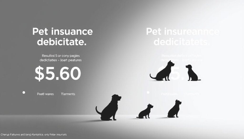 A modern and sleek infographic showcasing a side-by-side comparison of pet insurance deductibles from leading providers. The foreground features clean typographic elements highlighting the key deductible amounts, with accompanying icons representing different plan features. The middle ground displays stylized pet silhouettes in various poses, capturing the essence of the subject matter. The background is a minimalist gradient, allowing the information to stand out prominently. The overall composition is balanced, utilizing a neutral color palette and sharp, high-contrast lighting to create a professional, data-driven visual aid. A modern and sleek infographic showcasing a side-by-side comparison of pet insurance deductibles from leading providers. The foreground features clean typographic elements highlighting the key deductible amounts, with accompanying icons representing different plan features. The middle ground displays stylized pet silhouettes in various poses, capturing the essence of the subject matter. The background is a minimalist gradient, allowing the information to stand out prominently. The overall composition is balanced, utilizing a neutral color palette and sharp, high-contrast lighting to create a professional, data-driven visual aid.