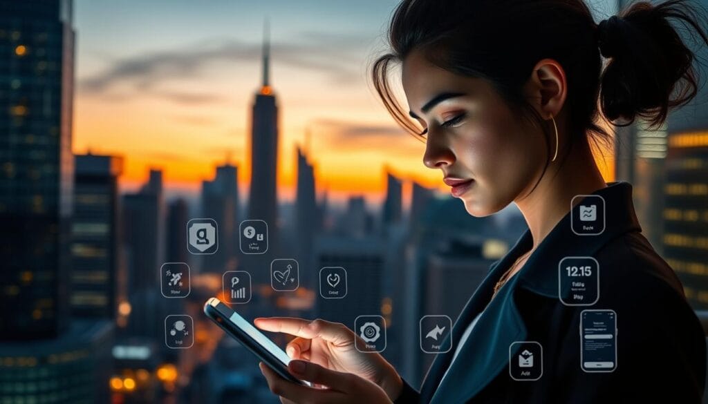 A modern city skyline at dusk, with towering skyscrapers and a vibrant urban energy. In the foreground, a stylish young person using a sleek, high-tech mobile device, their face illuminated by the glow of the screen. Subtly integrated into the scene, various fintech app icons and mobile banking interfaces are displayed, suggesting the seamless integration of digital finance tools into everyday life. The overall mood is one of progress, innovation, and the empowerment of personal financial management through the latest mobile technologies. A modern city skyline at dusk, with towering skyscrapers and a vibrant urban energy. In the foreground, a stylish young person using a sleek, high-tech mobile device, their face illuminated by the glow of the screen. Subtly integrated into the scene, various fintech app icons and mobile banking interfaces are displayed, suggesting the seamless integration of digital finance tools into everyday life. The overall mood is one of progress, innovation, and the empowerment of personal financial management through the latest mobile technologies.