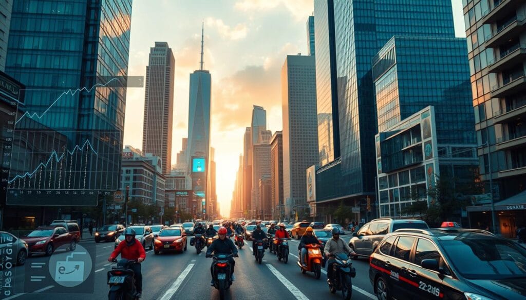 A modern cityscape with towering skyscrapers, bustling with gig economy workers on the move. In the foreground, holographic interfaces and digital displays showcase growth trends and the dynamic flow of the gig economy. The midground features a diverse array of gig workers - drivers, couriers, freelancers - navigating the urban landscape. The background is bathed in a warm, futuristic glow, hinting at the rapid technological advancements transforming the nature of work. Cinematic lighting and a wide-angle lens capture the scale and energy of this evolving economic landscape.
