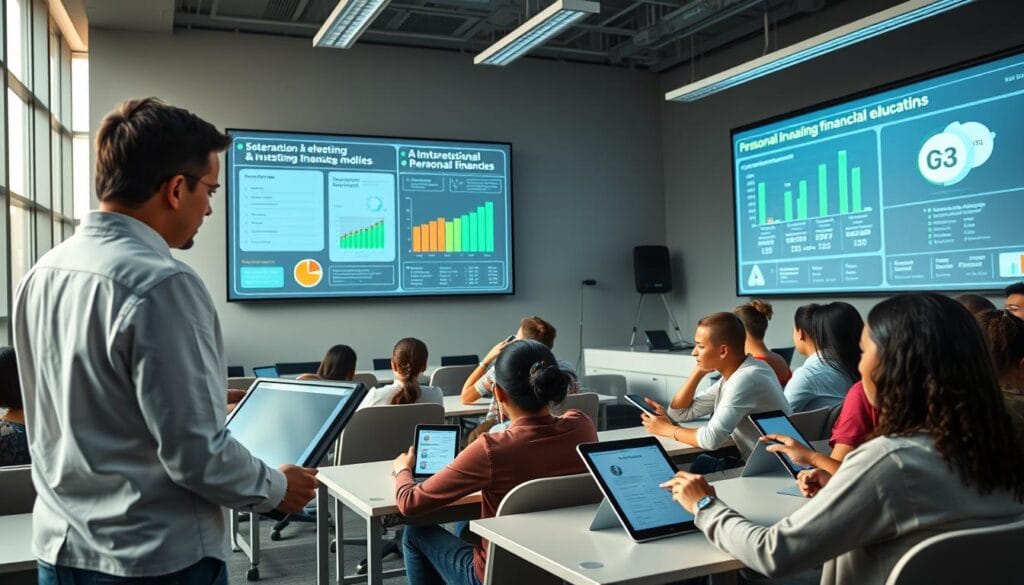 A modern classroom setting, with students of diverse backgrounds engaged in interactive AI-powered financial education modules projected on large displays. The foreground features a teacher guiding the class, using a touch-screen interface to manipulate visualizations of budgeting, investment strategies, and personal finance concepts. The middle ground shows students collaborating in small groups, discussing financial scenarios on their tablets. The background depicts a technologically-advanced, well-equipped learning environment with sleek, minimalist furniture and ample natural lighting filtering in through large windows. The overall atmosphere conveys a sense of energy, curiosity, and empowerment as the students explore the integration of AI in their financial education.
