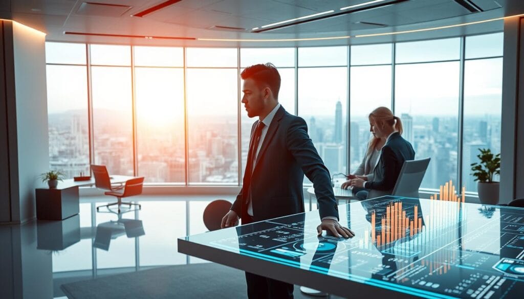 A modern, clean financial office with a futuristic, high-tech aesthetic. In the foreground, a sleek, minimalist desk with a holographic display showcasing real-time data and analytics. In the middle ground, a team of professionals collaborating seamlessly using advanced AI-powered tools, their expressions focused and efficient. In the background, a vast, panoramic window overlooking a bustling cityscape, bathed in warm, ambient lighting. The scene conveys a sense of streamlined workflow, data-driven decision-making, and the harmonious integration of human and artificial intelligence in the pursuit of operational excellence.