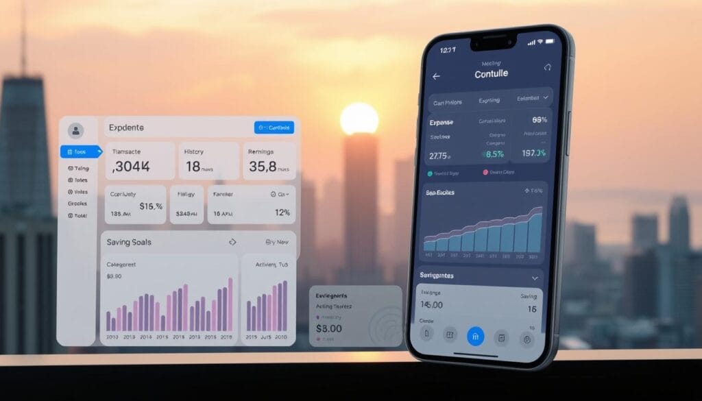 A modern, clean-looking budgeting app interface with a sleek, minimalist design. In the foreground, a dashboard displaying intuitive visualizations of income, expenses, and savings goals. In the middle ground, various budgeting tools such as transaction history, bill reminders, and category-based spending trackers. In the background, a soft, blurred cityscape with skyscrapers and a glowing sunset sky, conveying a sense of financial control and organization. The lighting is warm and natural, with a focus on clean lines, geometric shapes, and a calming color palette of blues, grays, and whites. The overall mood is one of efficiency, clarity, and financial empowerment. A modern, clean-looking budgeting app interface with a sleek, minimalist design. In the foreground, a dashboard displaying intuitive visualizations of income, expenses, and savings goals. In the middle ground, various budgeting tools such as transaction history, bill reminders, and category-based spending trackers. In the background, a soft, blurred cityscape with skyscrapers and a glowing sunset sky, conveying a sense of financial control and organization. The lighting is warm and natural, with a focus on clean lines, geometric shapes, and a calming color palette of blues, grays, and whites. The overall mood is one of efficiency, clarity, and financial empowerment.