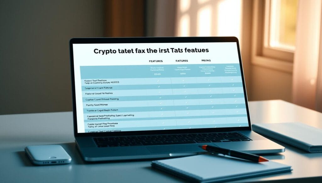 A modern, clean-looking comparison chart showcasing the features and pricing of leading crypto tax software platforms. The chart is displayed on a sleek, minimalist desk setup with a laptop, notebook, and pen. Warm, natural lighting illuminates the scene, creating a professional and trustworthy atmosphere. The chart itself is presented in a clear, easy-to-read format, allowing users to quickly compare the key capabilities of each software solution. The overall composition conveys a sense of authority and expertise, reflecting the subject matter and the article's goal of simplifying tax reporting for blockchain users. A modern, clean-looking comparison chart showcasing the features and pricing of leading crypto tax software platforms. The chart is displayed on a sleek, minimalist desk setup with a laptop, notebook, and pen. Warm, natural lighting illuminates the scene, creating a professional and trustworthy atmosphere. The chart itself is presented in a clear, easy-to-read format, allowing users to quickly compare the key capabilities of each software solution. The overall composition conveys a sense of authority and expertise, reflecting the subject matter and the article's goal of simplifying tax reporting for blockchain users.