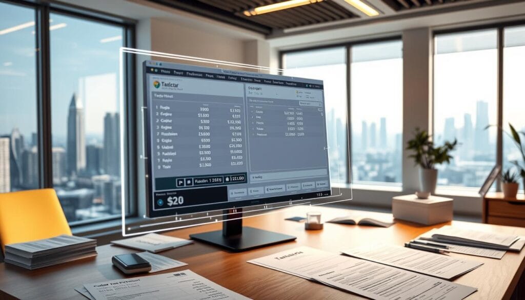 A modern, clean-looking office interior with a desk, computer, and various tax-related documents and financial papers. In the foreground, a glowing holographic interface displays cryptocurrency transaction data and integrates seamlessly with a popular tax preparation software on the computer screen. The middle ground features a window looking out onto a futuristic cityscape, conveying a sense of technological advancement. The lighting is bright and warm, creating a professional and productive atmosphere. The overall scene suggests the effortless integration of crypto finances with traditional tax reporting. A modern, clean-looking office interior with a desk, computer, and various tax-related documents and financial papers. In the foreground, a glowing holographic interface displays cryptocurrency transaction data and integrates seamlessly with a popular tax preparation software on the computer screen. The middle ground features a window looking out onto a futuristic cityscape, conveying a sense of technological advancement. The lighting is bright and warm, creating a professional and productive atmosphere. The overall scene suggests the effortless integration of crypto finances with traditional tax reporting.