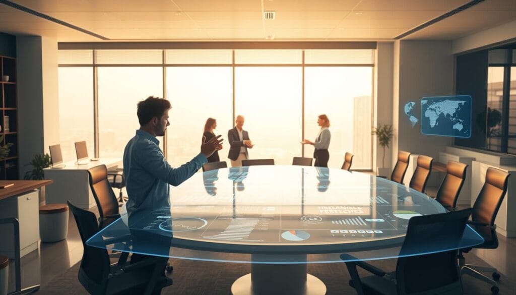 A modern, clean office interior with sleek desks, ergonomic chairs, and large windows letting in warm, natural lighting. In the foreground, a person interacts with a futuristic holographic financial dashboard, gesturing to manipulate data visualizations. In the middle ground, several colleagues collaborate around a curved touchscreen table, discussing investment strategies. In the background, an AI virtual assistant hovers, ready to provide personalized financial advice and educational resources. The overall mood is one of efficiency, innovation, and empowerment through technology-enhanced financial literacy.