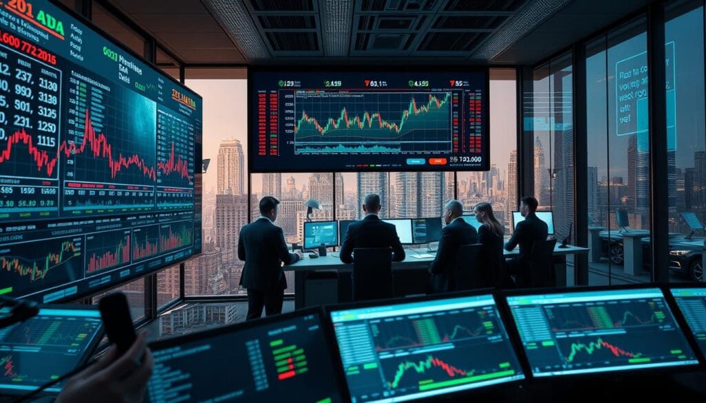 A modern command center filled with real-time market data analysis. In the foreground, a large curved display shows a dynamic visualization of stock prices, trading volumes, and algorithmic signals. Numerical data and vivid line graphs convey the pulse of the markets. In the middle ground, a team of analysts in business attire study the screens intently, adjusting parameters and fine-tuning their trading algorithms. The background is a sleek, minimalist office space with floor-to-ceiling windows overlooking a bustling cityscape. Soft, directional lighting highlights the focused intensity of the scene, creating a sense of high-stakes decision making powered by the latest advancements in AI and data science. A modern command center filled with real-time market data analysis. In the foreground, a large curved display shows a dynamic visualization of stock prices, trading volumes, and algorithmic signals. Numerical data and vivid line graphs convey the pulse of the markets. In the middle ground, a team of analysts in business attire study the screens intently, adjusting parameters and fine-tuning their trading algorithms. The background is a sleek, minimalist office space with floor-to-ceiling windows overlooking a bustling cityscape. Soft, directional lighting highlights the focused intensity of the scene, creating a sense of high-stakes decision making powered by the latest advancements in AI and data science.