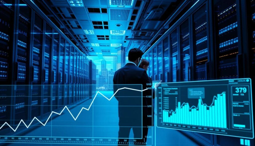 A modern data center filled with servers and computers, illuminated by cool blue lighting. In the foreground, a graph and dashboard display real-time lending data and AI-powered credit risk analysis. In the middle ground, financial experts examine the data on sleek touchscreen displays. The background features a cityscape of skyscrapers, symbolizing the scale and impact of this data-driven lending optimization. The scene conveys a sense of technological sophistication, efficiency, and the fusion of finance and AI for improved lending decisions. A modern data center filled with servers and computers, illuminated by cool blue lighting. In the foreground, a graph and dashboard display real-time lending data and AI-powered credit risk analysis. In the middle ground, financial experts examine the data on sleek touchscreen displays. The background features a cityscape of skyscrapers, symbolizing the scale and impact of this data-driven lending optimization. The scene conveys a sense of technological sophistication, efficiency, and the fusion of finance and AI for improved lending decisions.