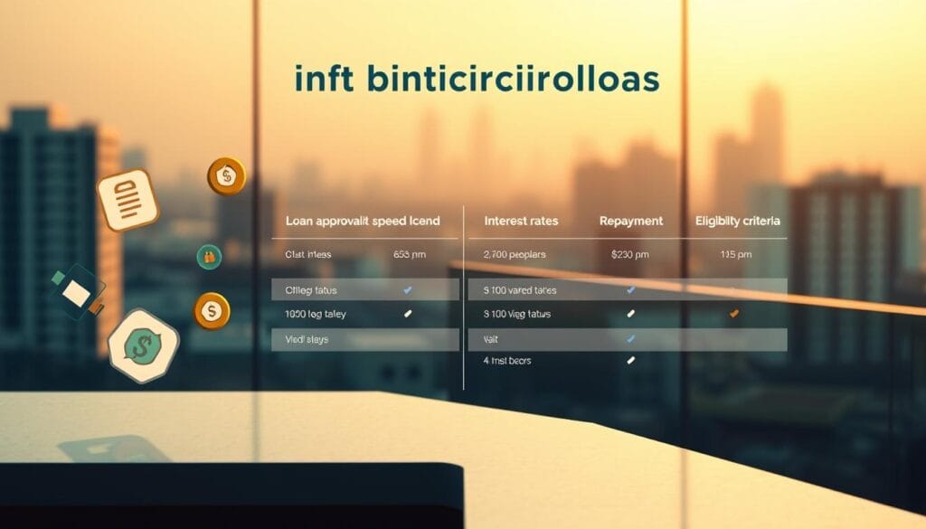 A modern, data-driven comparison of key instant microloan features against a sleek, minimalist backdrop. In the foreground, floating icons and infographic elements highlight loan approval speed, interest rates, repayment terms, and eligibility criteria, all rendered in a sophisticated, high-contrast color scheme. The middle ground features a clean, geometric layout with intersecting lines and subtle textures, creating an impression of financial transparency and accessibility. In the background, a softly blurred cityscape suggests the urban context in which these microloans operate, adding a sense of place and relevance. Warm, directional lighting casts subtle shadows, heightening the sense of depth and three-dimensionality. The overall tone is one of clarity, efficiency, and financial empowerment.