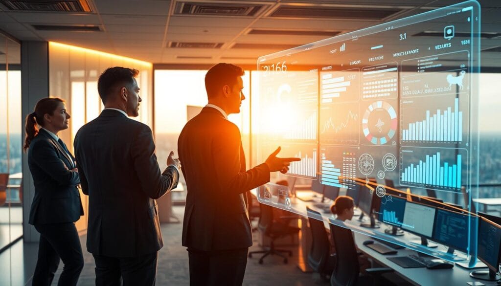 A modern, data-driven insurance agency office, bathed in a warm, ambient light. In the foreground, a sleek, holographic interface displaying intricate charts, graphs, and predictive models. Insurance agents in tailored suits confer, gesturing towards the fluid, AI-powered visualizations. In the middle ground, rows of ergonomic workstations, each with multiple high-resolution displays, where analysts crunch vast troves of client data. The background reveals a panoramic view of a bustling cityscape, hinting at the scale and complexity of the AI-driven insurance ecosystem. An atmosphere of innovation, efficiency, and precision pervades the scene. A modern, data-driven insurance agency office, bathed in a warm, ambient light. In the foreground, a sleek, holographic interface displaying intricate charts, graphs, and predictive models. Insurance agents in tailored suits confer, gesturing towards the fluid, AI-powered visualizations. In the middle ground, rows of ergonomic workstations, each with multiple high-resolution displays, where analysts crunch vast troves of client data. The background reveals a panoramic view of a bustling cityscape, hinting at the scale and complexity of the AI-driven insurance ecosystem. An atmosphere of innovation, efficiency, and precision pervades the scene.