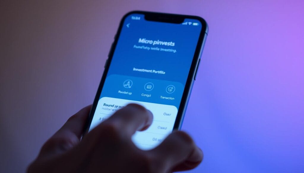 A modern digital banking app interface displaying a smooth, contemporary micro-investing transaction flow. In the foreground, a user's hand tapping on a smartphone screen, initiating a round-up transaction to their investment portfolio. The middle ground showcases sleek, minimalist iconography and intuitive user interface elements, highlighting the seamless user experience. The background features a soft, blurred gradient, setting a serene, technological tone. Subtle lighting creates depth and emphasizes the clean, responsive design. Captured from a slight low angle, the image conveys an empowering, accessible approach to building wealth through micro-investing. A modern digital banking app interface displaying a smooth, contemporary micro-investing transaction flow. In the foreground, a user's hand tapping on a smartphone screen, initiating a round-up transaction to their investment portfolio. The middle ground showcases sleek, minimalist iconography and intuitive user interface elements, highlighting the seamless user experience. The background features a soft, blurred gradient, setting a serene, technological tone. Subtle lighting creates depth and emphasizes the clean, responsive design. Captured from a slight low angle, the image conveys an empowering, accessible approach to building wealth through micro-investing.