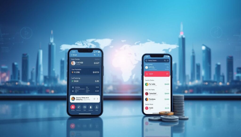 A modern digital banking interface showcasing a variety of currencies and financial services. In the foreground, a sleek mobile device displays transaction details, currency exchange rates, and secure payment options. The middle ground features a stylized world map, highlighting global financial connectivity. In the background, futuristic skyscrapers and cityscapes suggest an advanced, interconnected financial ecosystem. The lighting is cool-toned and minimalist, conveying a sense of technological sophistication and efficiency. The overall mood is one of innovation, seamless multi-currency banking, and a vision for the future of finance. A modern digital banking interface showcasing a variety of currencies and financial services. In the foreground, a sleek mobile device displays transaction details, currency exchange rates, and secure payment options. The middle ground features a stylized world map, highlighting global financial connectivity. In the background, futuristic skyscrapers and cityscapes suggest an advanced, interconnected financial ecosystem. The lighting is cool-toned and minimalist, conveying a sense of technological sophistication and efficiency. The overall mood is one of innovation, seamless multi-currency banking, and a vision for the future of finance.