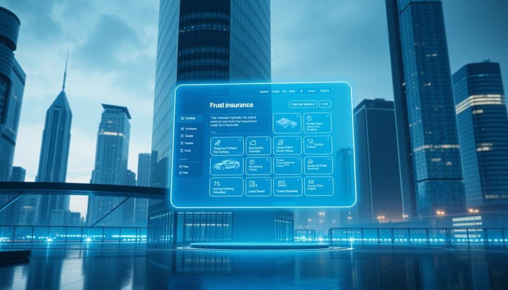 A modern digital insurance platform with a clean and intuitive user interface. A futuristic building with sleek glass and metal elements stands in the foreground, surrounded by a cityscape of skyscrapers in the background. The platform's homepage is displayed on a large, holographic screen, showcasing various insurance products and services. Soft, blue lighting illuminates the scene, creating a sense of trust and security. The platform's logo subtly appears in the bottom corner, adding a touch of branding. The overall atmosphere conveys the benefits of a seamless, digital insurance experience for the user.