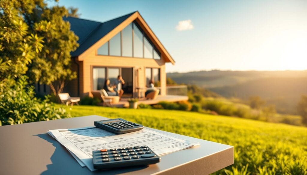 A modern, energy-efficient home set against a backdrop of lush greenery, bathed in warm, golden sunlight. In the foreground, financial documents and a calculator rest on a sleek, minimalist desk, symbolizing the sustainable mortgage options available. The mid-ground features a family enjoying the comforts of their cozy, well-insulated home, emphasizing the practical benefits of eco-friendly financing. The background showcases a scenic view of rolling hills and a clear, blue sky, conveying a sense of environmental harmony. The overall composition exudes a calm, prosperous atmosphere, inviting the viewer to explore sustainable mortgage solutions for their own energy-efficient dream home. A modern, energy-efficient home set against a backdrop of lush greenery, bathed in warm, golden sunlight. In the foreground, financial documents and a calculator rest on a sleek, minimalist desk, symbolizing the sustainable mortgage options available. The mid-ground features a family enjoying the comforts of their cozy, well-insulated home, emphasizing the practical benefits of eco-friendly financing. The background showcases a scenic view of rolling hills and a clear, blue sky, conveying a sense of environmental harmony. The overall composition exudes a calm, prosperous atmosphere, inviting the viewer to explore sustainable mortgage solutions for their own energy-efficient dream home.
