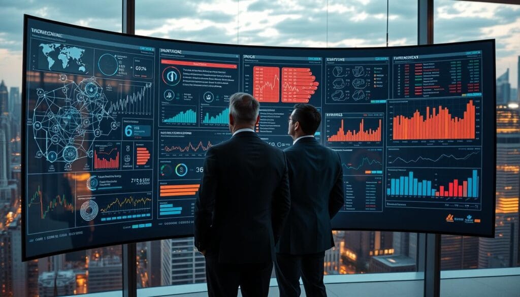 A modern financial crime monitoring system, with a sleek and intuitive user interface displayed on a curved, high-resolution screen. In the foreground, complex algorithmic visualizations and data analytics dashboards track suspicious transactions and anomalies. In the middle ground, analysts dressed in business attire intently review the displayed information, collaborating to uncover emerging threats. The background features a cityscape of skyscrapers and financial institutions, bathed in a warm, inviting lighting that conveys a sense of technological sophistication and diligence in the face of evolving financial crimes.