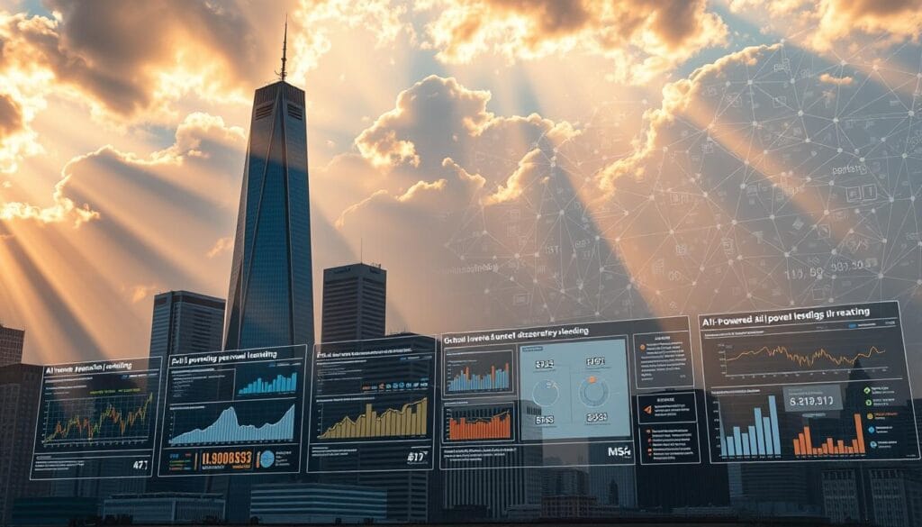 A modern financial district skyline at dawn, with a sleek glass and steel highrise in the foreground. Beams of golden sunlight filter through clouds, casting a warm glow over the scene. In the midground, a series of interactive digital displays showcase data visualizations and infographics related to AI-powered personal lending. In the background, an abstract quilt of stock charts, algorithms, and financial icons fills the sky, hinting at the sophisticated technology powering the innovations on display. The overall atmosphere is one of progress, innovation, and the future of fintech. A modern financial district skyline at dawn, with a sleek glass and steel highrise in the foreground. Beams of golden sunlight filter through clouds, casting a warm glow over the scene. In the midground, a series of interactive digital displays showcase data visualizations and infographics related to AI-powered personal lending. In the background, an abstract quilt of stock charts, algorithms, and financial icons fills the sky, hinting at the sophisticated technology powering the innovations on display. The overall atmosphere is one of progress, innovation, and the future of fintech.