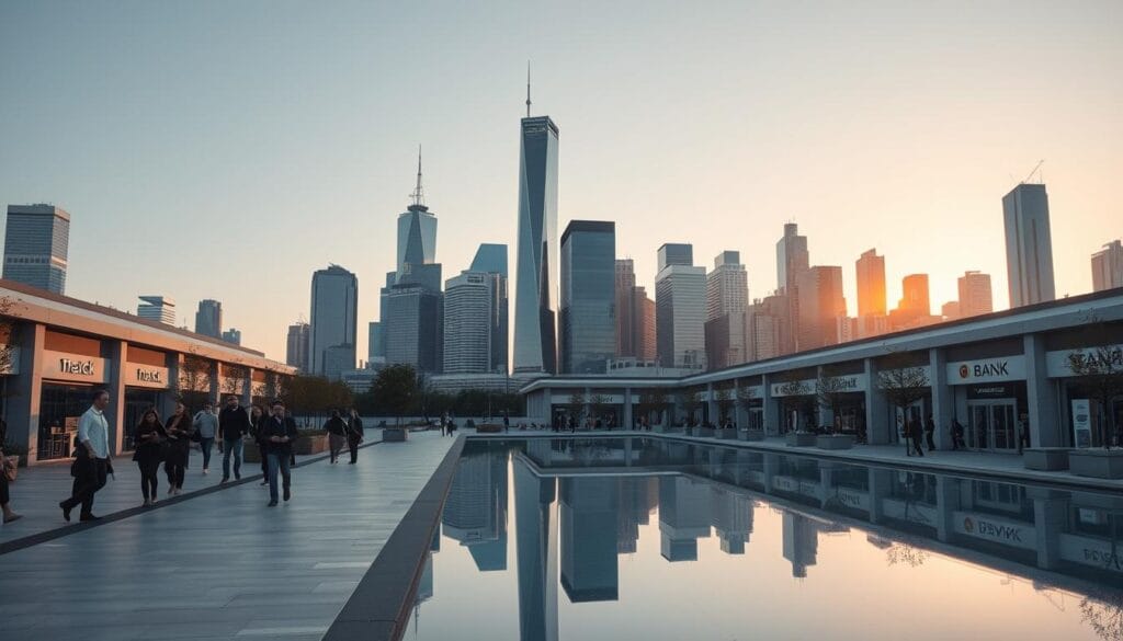 A modern financial district skyline, featuring a cluster of towering skyscrapers and glass-clad high-rises bathed in the warm glow of the setting sun. In the foreground, a bustling pedestrian plaza lined with sleek, minimalist bank branches and fintech startup offices. People move with purpose, engrossed in their digital devices and financial transactions. Reflections of the buildings dance across the surface of a tranquil reflecting pool. The scene conveys a sense of technological innovation, economic progress, and the steady march of financial institutions into the future.