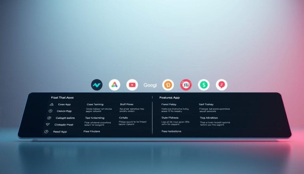 A modern fintech app features comparison displayed on a sleek, minimalist interface. The foreground showcases a side-by-side comparison of the key functionalities of the top fintech apps, with clean icons and concise labels. The middle ground presents the apps' logos in a grid-like arrangement, subtly hinting at the diversity of the fintech landscape. The background features a subtle geometric pattern in cool tones, creating a sense of technological sophistication. Soft, directional lighting accentuates the clean lines and meticulous attention to detail, evoking a sense of professionalism and innovation. The overall composition conveys a comprehensive, yet visually appealing overview of the fintech app features.
