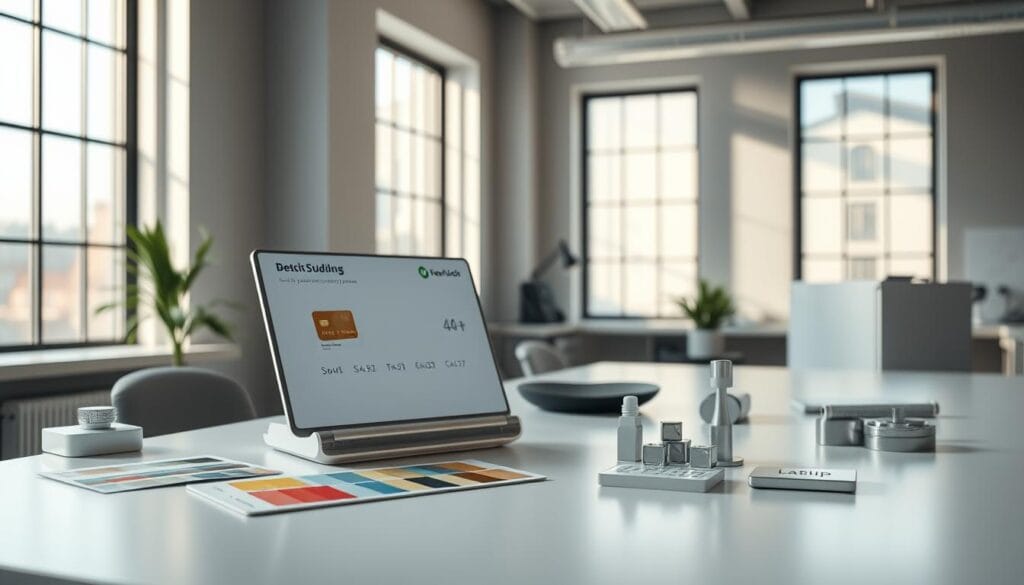 A modern fintech workspace with sleek silver debit card customization tools on a minimalist desk. Soft, natural lighting from large windows illuminates the scene. The tools include a 3D card design interface, color swatches, embossing stamps, and laser etching equipment. The overall mood is one of efficient, streamlined financial technology, highlighting the capabilities of fintech apps for personalized banking in 2025. A modern fintech workspace with sleek silver debit card customization tools on a minimalist desk. Soft, natural lighting from large windows illuminates the scene. The tools include a 3D card design interface, color swatches, embossing stamps, and laser etching equipment. The overall mood is one of efficient, streamlined financial technology, highlighting the capabilities of fintech apps for personalized banking in 2025.