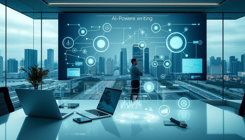 A modern, high-tech office interior with a wall-mounted display showcasing interconnected AI-powered underwriting systems. In the foreground, a sleek, minimalist desk with a laptop, tablet, and various data analytics tools. Glowing holographic interfaces project insightful data visualizations. The middle ground features a team of analysts intently studying the systems, their expressions focused and determined. The background depicts a panoramic window overlooking a bustling cityscape, the skyscrapers and traffic symbolizing the scale and complexity of the insurance industry. Soft, diffused lighting creates a contemplative, futuristic atmosphere, while the clean, geometric design elements convey a sense of order and precision inherent to AI-driven underwriting. A modern, high-tech office interior with a wall-mounted display showcasing interconnected AI-powered underwriting systems. In the foreground, a sleek, minimalist desk with a laptop, tablet, and various data analytics tools. Glowing holographic interfaces project insightful data visualizations. The middle ground features a team of analysts intently studying the systems, their expressions focused and determined. The background depicts a panoramic window overlooking a bustling cityscape, the skyscrapers and traffic symbolizing the scale and complexity of the insurance industry. Soft, diffused lighting creates a contemplative, futuristic atmosphere, while the clean, geometric design elements convey a sense of order and precision inherent to AI-driven underwriting.