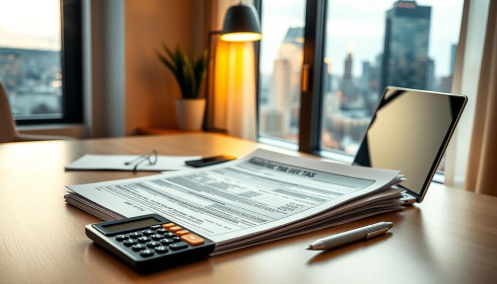 A modern home office with a minimalist desk, a laptop, and a stack of financial documents. Soft, warm lighting illuminates the scene, creating a focused, productive atmosphere. In the foreground, a calculator and a pen lie next to the documents, hinting at the process of carefully reviewing tax deductions. The background features a window overlooking a vibrant city skyline, symbolizing the financial opportunities and challenges faced by freelancers. The overall composition conveys a sense of organization, diligence, and the pursuit of maximizing tax savings. A modern home office with a minimalist desk, a laptop, and a stack of financial documents. Soft, warm lighting illuminates the scene, creating a focused, productive atmosphere. In the foreground, a calculator and a pen lie next to the documents, hinting at the process of carefully reviewing tax deductions. The background features a window overlooking a vibrant city skyline, symbolizing the financial opportunities and challenges faced by freelancers. The overall composition conveys a sense of organization, diligence, and the pursuit of maximizing tax savings.