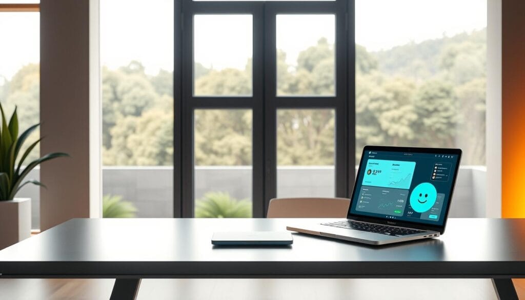 A modern home office with a sleek, minimalist desk. On the desk, a laptop and a stylized digital assistant avatar, its interface glowing with personalized financial data and insights. The avatar's expression is helpful and intuitive, guiding the user through their financial management tasks. Warm, indirect lighting casts a soft glow, creating a sense of comfort and productivity. The background features clean, geometric architectural elements, with hints of nature through a large window overlooking a lush, verdant landscape. The overall scene conveys the seamless integration of AI-powered finance management into the user's daily life.