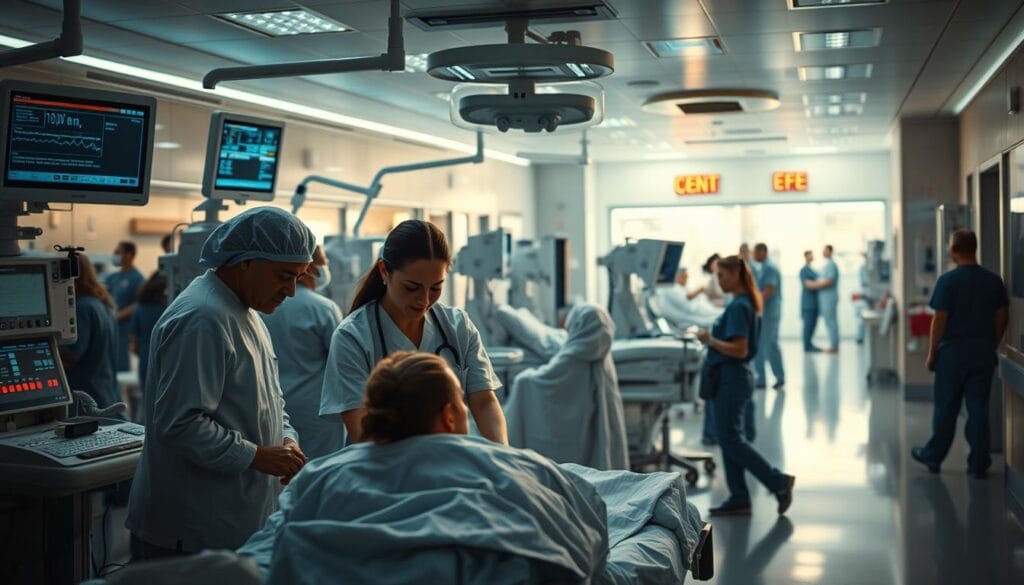 A modern hospital emergency department, bathed in a soft, calming glow. In the foreground, a team of medical professionals huddle over a patient, their faces determined yet compassionate. Gleaming medical equipment and monitors surround them, conveying a sense of advanced, comprehensive care. In the middle ground, a nurse swiftly yet gently attends to another patient, while in the background, the hum of activity and the hustle of the ER create a palpable atmosphere of urgency and efficiency. The lighting is a delicate balance of brightness and shadow, highlighting the importance of the work being done while maintaining a sense of tranquility. The scene conveys the idea of comprehensive, state-of-the-art medical coverage, ready to respond to any emergency with skill, care, and the latest technology.