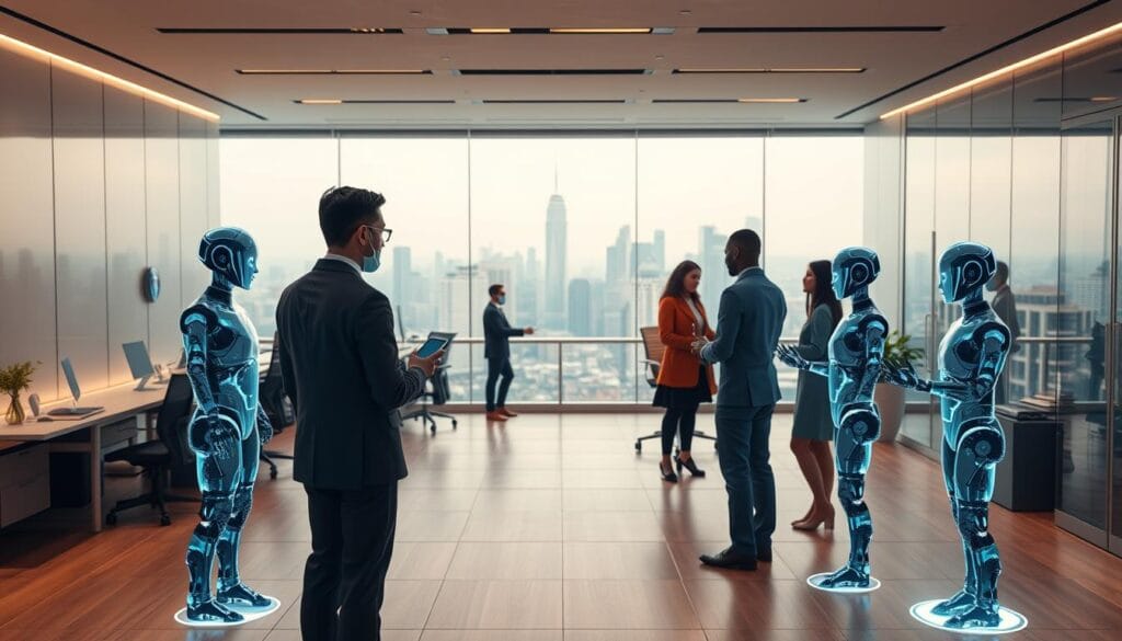A modern insurance office with sleek, minimalist decor. In the foreground, a group of AI chatbots, their digital forms glowing with an ethereal light, engage with customers through interactive holographic displays. The middle ground features insurance representatives collaborating with the chatbots, seamlessly integrating the AI technology into their workflow. In the background, a panoramic view of the city skyline, symbolizing the industry's evolution and embrace of cutting-edge innovation. The scene is bathed in a warm, subdued lighting, creating a sense of professionalism and technological sophistication. Captured with a wide-angle lens to emphasize the scale and scope of the AI-powered insurance experience.