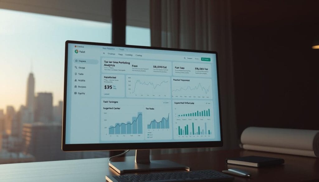 A modern, intuitive tax-loss harvesting interface displayed on a sleek desktop computer screen. In the foreground, a clean and minimalist dashboard presents real-time portfolio analytics and suggested optimization opportunities. The middle ground showcases a series of interactive charts and graphs, allowing the user to visualize their investment performance and tax-loss landscape. In the background, a subtle city skyline reflects the metropolitan financial center, creating a sense of authority and professionalism. Soft, diffused lighting emanates from the screen, casting a warm glow on the user's workspace. The overall atmosphere conveys a seamless, technology-driven experience for managing one's investments and taxes.