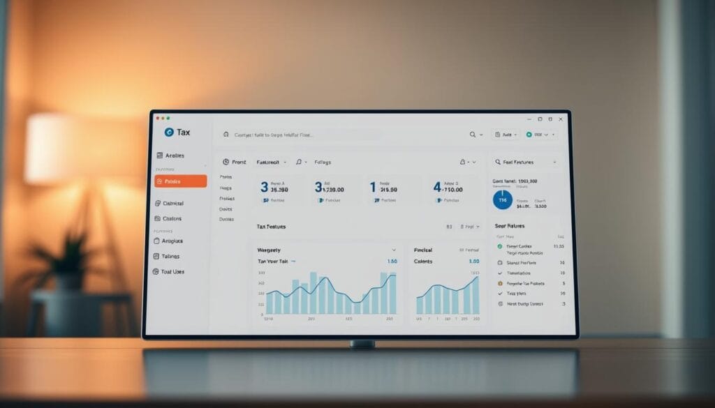 A modern, intuitive tax software interface set against a softly blurred backdrop. In the foreground, a clean, minimalist design showcases a well-organized dashboard with helpful tax tools and features. The middle ground features neatly arranged financial data visualizations, guiding the user through the tax filing process. Warm, indirect lighting casts a professional, trustworthy ambiance, conveying a sense of ease and efficiency for the freelance user. The overall UI design is sleek, accessible, and optimized for a seamless digital tax experience. A modern, intuitive tax software interface set against a softly blurred backdrop. In the foreground, a clean, minimalist design showcases a well-organized dashboard with helpful tax tools and features. The middle ground features neatly arranged financial data visualizations, guiding the user through the tax filing process. Warm, indirect lighting casts a professional, trustworthy ambiance, conveying a sense of ease and efficiency for the freelance user. The overall UI design is sleek, accessible, and optimized for a seamless digital tax experience.