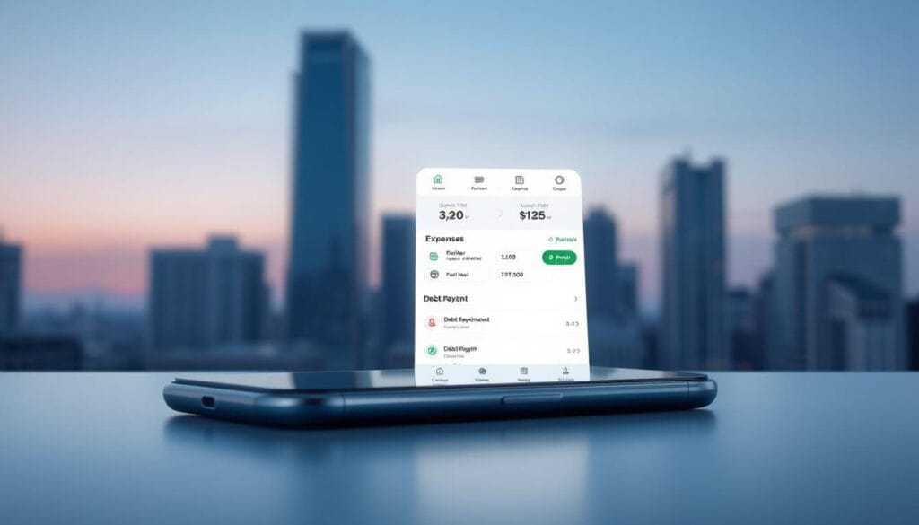 A modern, minimalist debt management app displayed on a sleek, silver smartphone. The app's interface is clean and intuitive, with clearly labeled sections for tracking expenses, budgeting, and debt repayment plans. The background depicts a serene urban cityscape, with tall glass skyscrapers and a calming, blue-tinted sky. Soft, diffused lighting creates a sense of tranquility and focus, drawing the viewer's attention to the app's elegant design. The overall mood is one of efficiency, organization, and financial control, reflecting the app's purpose of helping users take charge of their debt.