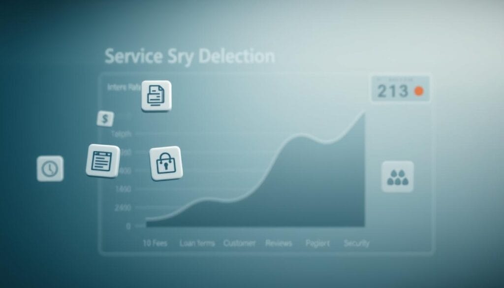 A modern, minimalist financial dashboard displaying key service selection factors. In the foreground, floating icons representing factors like interest rates, fees, loan terms, customer reviews, and security. In the middle ground, a sleek graph visualizing the relative importance of each factor. The background features a subtle gradient of muted blues and grays, evoking a sense of trust and professionalism. Soft, directional lighting casts depth and dimension, while a shallow depth of field keeps the focus on the central information. The overall mood is one of clarity, thoughtfulness, and data-driven decision making.