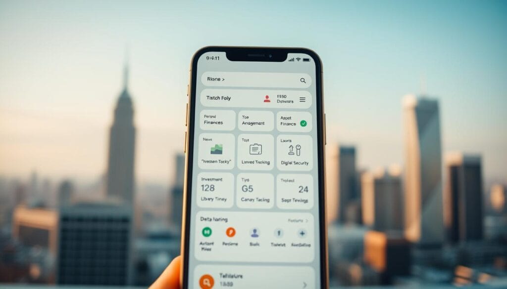 A modern, minimalist fintech app interface, composed of a sleek, streamlined grid layout with various interactive icons and buttons. The foreground features a simplified mobile device display showcasing personal finance management tools, investment tracking, and digital banking features. The middle ground includes abstract geometric shapes in a muted color palette, conveying a sense of technology, efficiency, and financial security. The background depicts a soft, blurred cityscape with skyscrapers, suggesting the integration of fintech within the urban landscape. The lighting is warm and natural, creating a welcoming, user-friendly atmosphere. The camera angle is slightly elevated, providing an overview of the fintech app's intuitive design and capabilities.