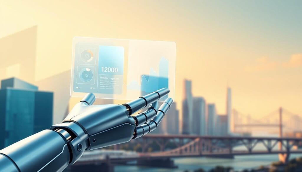 A modern, minimalist illustration depicting the automated features of a robo-advisor investment platform. In the foreground, a polished, silver robotic hand operates a sleek, holographic user interface, showcasing intuitive portfolio management tools. The middle ground features abstract geometric shapes and gradient-filled panels, representing the sophisticated algorithms and data analytics powering the platform. In the background, a warm, soft-focus cityscape with skyscrapers and bridges, symbolizing the efficient, seamless integration of the robo-advisor into the urban financial landscape. The scene is illuminated by a cool, directional light, casting dynamic shadows and creating a sense of depth and high-tech sophistication. A modern, minimalist illustration depicting the automated features of a robo-advisor investment platform. In the foreground, a polished, silver robotic hand operates a sleek, holographic user interface, showcasing intuitive portfolio management tools. The middle ground features abstract geometric shapes and gradient-filled panels, representing the sophisticated algorithms and data analytics powering the platform. In the background, a warm, soft-focus cityscape with skyscrapers and bridges, symbolizing the efficient, seamless integration of the robo-advisor into the urban financial landscape. The scene is illuminated by a cool, directional light, casting dynamic shadows and creating a sense of depth and high-tech sophistication.