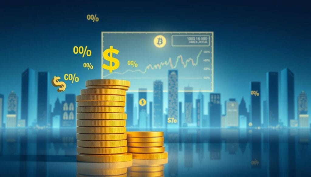 A modern, minimalist illustration showcasing cryptocurrency advisory fees and ETFs. In the foreground, a stack of gold coins representing investment capital, with various percentage symbols and dollar signs overlaying them, symbolizing the fees charged by advisors. In the middle ground, a holographic display of cryptocurrencies and their charts, projecting a futuristic, data-driven atmosphere. In the background, a clean, geometric cityscape bathed in a cool, blue-tinted lighting, suggesting a sophisticated, high-tech financial landscape. The overall mood is one of precision, efficiency, and the seamless integration of traditional finance and emerging crypto assets.