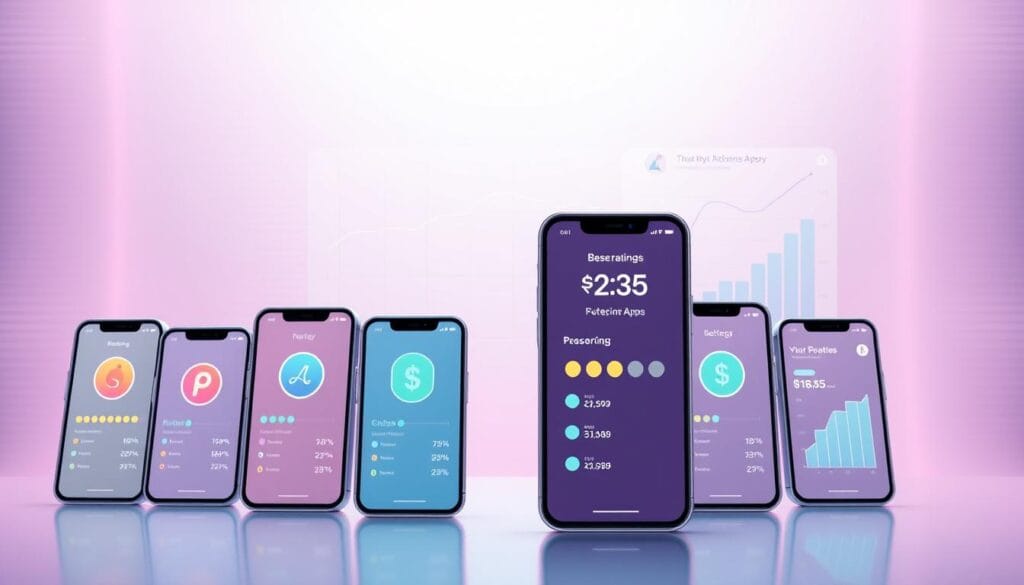 A modern, minimalist illustration showcasing the ratings of leading budgeting apps in 2025. Set against a sleek, metallic-themed background, the foreground features a row of smartphone screens displaying app icons and numerical ratings. The middle ground contains abstract data visualizations, such as bar graphs and line charts, highlighting key app performance metrics. Subtle pastel gradients and soft lighting create a clean, futuristic aesthetic. The overall composition conveys a sense of digital sophistication and financial savvy, reflecting the advanced capabilities of the next generation of personal finance apps. A modern, minimalist illustration showcasing the ratings of leading budgeting apps in 2025. Set against a sleek, metallic-themed background, the foreground features a row of smartphone screens displaying app icons and numerical ratings. The middle ground contains abstract data visualizations, such as bar graphs and line charts, highlighting key app performance metrics. Subtle pastel gradients and soft lighting create a clean, futuristic aesthetic. The overall composition conveys a sense of digital sophistication and financial savvy, reflecting the advanced capabilities of the next generation of personal finance apps.