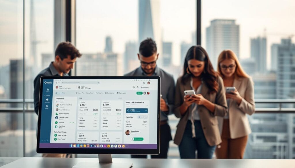 A modern, minimalist insurance marketplace featuring sleek user interface design. In the foreground, a clean desktop display showcases various insurance plan options, with intuitive filtering and comparison tools. The middle ground depicts a diverse group of customers seamlessly navigating the platform on their devices, against a softly blurred background of an urban cityscape. Warm, indirect lighting casts a serene, professional atmosphere, highlighting the marketplace's user-friendly experience and emphasis on transparency and personalized coverage.