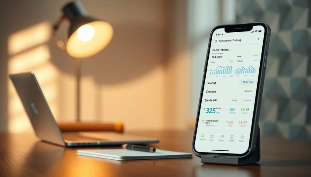 A modern, minimalist interface showcasing the key features of an expense tracking app. In the foreground, a sleek smartphone displays a clean dashboard with intuitive graphs, charts, and spending categories. The middle ground features a warm, natural-lit desktop setup with a laptop, pen, and notebook, conveying a productive, organized workspace. In the background, a subtle geometric pattern in muted blues and grays creates a sense of depth and digital sophistication. Lighting is soft and diffused, creating an atmosphere of efficiency and financial control. The overall composition emphasizes the app's user-friendly design and ability to provide real-time insights into personal finances.