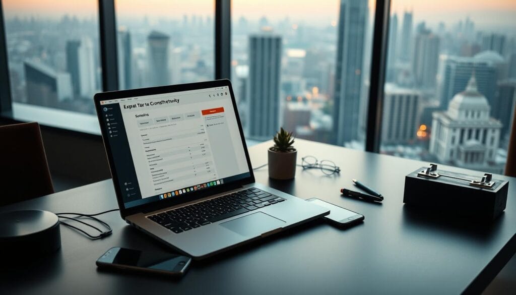A modern, minimalist office desk with a laptop, smartphone, and various digital tools for expat tax compliance. A sleek, silver laptop with a minimalist UI displays tax software. Nearby, a smartphone shows a mobile app interface for tracking expenses and filing forms. The desktop is illuminated by warm, indirect lighting, creating a professional, efficient atmosphere. In the background, a large window overlooking a bustling city skyline, symbolizing the global nature of expat work. The overall scene conveys the ease and convenience of managing tax affairs through innovative digital solutions tailored for the modern expat lifestyle. A modern, minimalist office desk with a laptop, smartphone, and various digital tools for expat tax compliance. A sleek, silver laptop with a minimalist UI displays tax software. Nearby, a smartphone shows a mobile app interface for tracking expenses and filing forms. The desktop is illuminated by warm, indirect lighting, creating a professional, efficient atmosphere. In the background, a large window overlooking a bustling city skyline, symbolizing the global nature of expat work. The overall scene conveys the ease and convenience of managing tax affairs through innovative digital solutions tailored for the modern expat lifestyle.