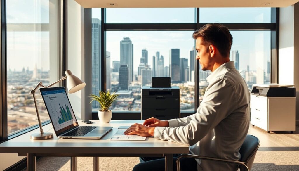 A modern, minimalist office interior with a large window overlooking a city skyline. In the foreground, a person sitting at a desk, intently focused on a laptop screen displaying graphs and financial data. The desk is neatly organized, with a sleek, silver laptop, a stylized desk lamp, and a potted plant adding a touch of greenery. The middle ground features a high-tech printer and a filing cabinet, suggesting an efficient, AI-powered tax preparation workflow. The background shows the cityscape beyond the window, with skyscrapers and a vibrant urban landscape, conveying a sense of progress and technological advancement. The lighting is warm and natural, creating a calm, productive atmosphere. A modern, minimalist office interior with a large window overlooking a city skyline. In the foreground, a person sitting at a desk, intently focused on a laptop screen displaying graphs and financial data. The desk is neatly organized, with a sleek, silver laptop, a stylized desk lamp, and a potted plant adding a touch of greenery. The middle ground features a high-tech printer and a filing cabinet, suggesting an efficient, AI-powered tax preparation workflow. The background shows the cityscape beyond the window, with skyscrapers and a vibrant urban landscape, conveying a sense of progress and technological advancement. The lighting is warm and natural, creating a calm, productive atmosphere.