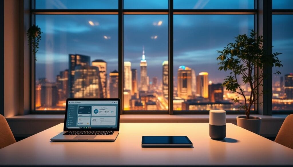 A modern, minimalist office interior with a large window overlooking a vibrant city skyline. In the foreground, a sleek, white desk with a laptop, tablet, and smart assistant device. On the screen, visuals depicting automated tax filing software, expense tracking, and regulatory compliance dashboards. Warm, indirect lighting creates a calm, productive atmosphere. Hanging plants and a potted tree in the background add a touch of natural greenery. The overall scene conveys a sense of efficiency, organization, and technological sophistication for small business tax management.
