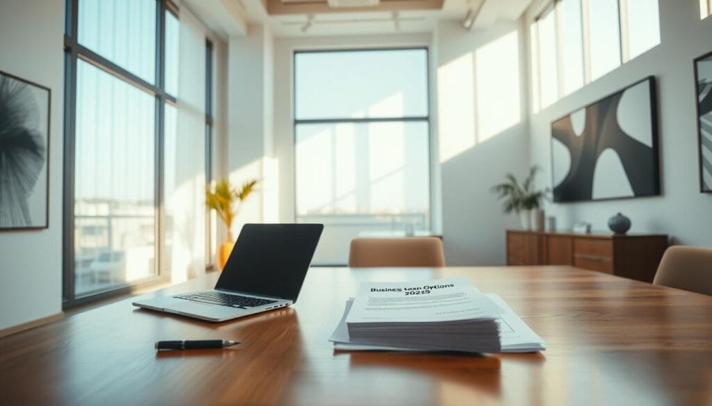 A modern, minimalist office interior with abundant natural light filtering through large windows. On a polished wooden desk, a laptop, a pen, and a stack of documents labeled "Business Loan Options 2025" are neatly arranged. The room is bathed in a warm, golden glow, creating a sense of professionalism and productivity. The walls are adorned with sleek, contemporary art pieces, adding a touch of sophistication. The overall atmosphere conveys a forward-thinking, innovative approach to the world of peer-to-peer lending platforms in 2025.