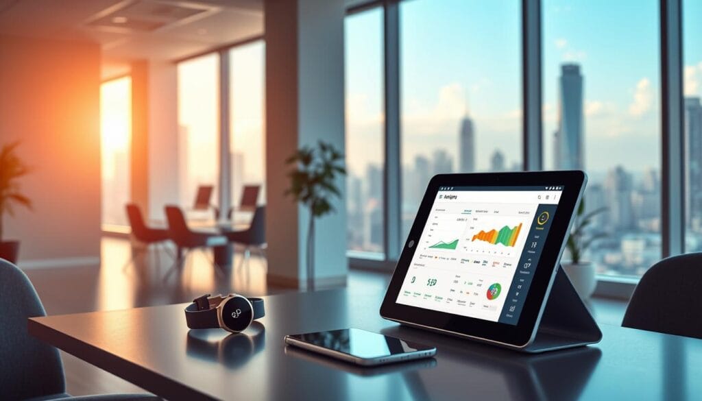 A modern, minimalist office interior with clean lines and a focus on digital devices. In the foreground, a user-friendly budgeting app displayed on a sleek, high-resolution touchscreen device, its intuitive interface and visualizations drawing the viewer's attention. In the middle ground, complementary gadgets like a smartwatch and a tablet seamlessly integrated into the scene, symbolizing the interconnected nature of personal finance management in 2025. The background features expansive windows overlooking a vibrant, technologically-advanced cityscape, bathed in warm, natural lighting that creates a sense of comfort and productivity. The overall atmosphere conveys the importance of efficient, accessible budgeting apps in the digital age, empowering individuals to take control of their financial futures. A modern, minimalist office interior with clean lines and a focus on digital devices. In the foreground, a user-friendly budgeting app displayed on a sleek, high-resolution touchscreen device, its intuitive interface and visualizations drawing the viewer's attention. In the middle ground, complementary gadgets like a smartwatch and a tablet seamlessly integrated into the scene, symbolizing the interconnected nature of personal finance management in 2025. The background features expansive windows overlooking a vibrant, technologically-advanced cityscape, bathed in warm, natural lighting that creates a sense of comfort and productivity. The overall atmosphere conveys the importance of efficient, accessible budgeting apps in the digital age, empowering individuals to take control of their financial futures.