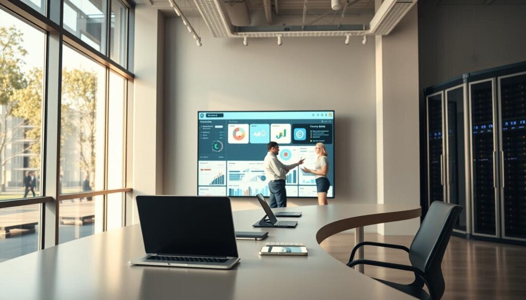 A modern, minimalist office interior with large windows letting in warm, natural light. In the foreground, a sleek, curved desk features a laptop, tablet, and other digital devices seamlessly integrated with various insurance software applications. The middle ground shows a team of professionals collaborating on a large touchscreen display, reviewing data visualizations and policy management tools. In the background, a towering data center rack represents the secure, cloud-based infrastructure powering the integrated insurance ecosystem. The overall scene conveys a sense of efficiency, connectivity, and technological advancement within the insurance industry. A modern, minimalist office interior with large windows letting in warm, natural light. In the foreground, a sleek, curved desk features a laptop, tablet, and other digital devices seamlessly integrated with various insurance software applications. The middle ground shows a team of professionals collaborating on a large touchscreen display, reviewing data visualizations and policy management tools. In the background, a towering data center rack represents the secure, cloud-based infrastructure powering the integrated insurance ecosystem. The overall scene conveys a sense of efficiency, connectivity, and technological advancement within the insurance industry.