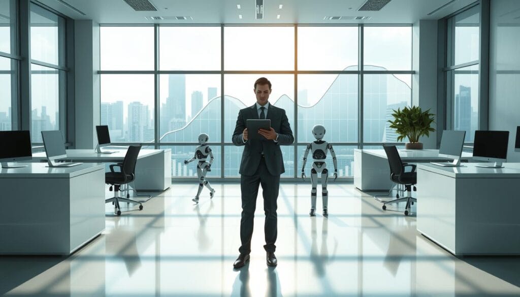 A modern, minimalist office interior with sleek desks, digital displays, and a large window overlooking a cityscape. In the foreground, a human figure stands beside a tablet, representing the "human touch" of a personal financial advisor. In the middle ground, robotic figures move autonomously, symbolizing the automated investment management of a robo-advisor. The background features a stylized graph or chart, illustrating the data-driven, analytical nature of the hybrid wealth management model. The lighting is soft and natural, creating a sense of balance and harmony. The overall atmosphere conveys a forward-thinking, technology-driven approach to personal finance. A modern, minimalist office interior with sleek desks, digital displays, and a large window overlooking a cityscape. In the foreground, a human figure stands beside a tablet, representing the "human touch" of a personal financial advisor. In the middle ground, robotic figures move autonomously, symbolizing the automated investment management of a robo-advisor. The background features a stylized graph or chart, illustrating the data-driven, analytical nature of the hybrid wealth management model. The lighting is soft and natural, creating a sense of balance and harmony. The overall atmosphere conveys a forward-thinking, technology-driven approach to personal finance.