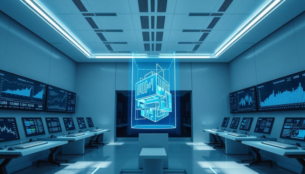 A modern, minimalist office interior with sleek, futuristic investment monitoring terminals lining the walls. The terminals display a variety of dynamic financial charts, graphs, and data visualizations in a cool, blue-hued color palette. In the center of the room, a tall, holographic display projects a 3D model of a diversified investment portfolio, its components effortlessly adjusting in real-time. The lighting is bright and directional, casting dramatic shadows and highlights on the clean, angular architecture. The overall atmosphere is one of technological sophistication, precision, and the smooth, automated execution of complex financial strategies. A modern, minimalist office interior with sleek, futuristic investment monitoring terminals lining the walls. The terminals display a variety of dynamic financial charts, graphs, and data visualizations in a cool, blue-hued color palette. In the center of the room, a tall, holographic display projects a 3D model of a diversified investment portfolio, its components effortlessly adjusting in real-time. The lighting is bright and directional, casting dramatic shadows and highlights on the clean, angular architecture. The overall atmosphere is one of technological sophistication, precision, and the smooth, automated execution of complex financial strategies.