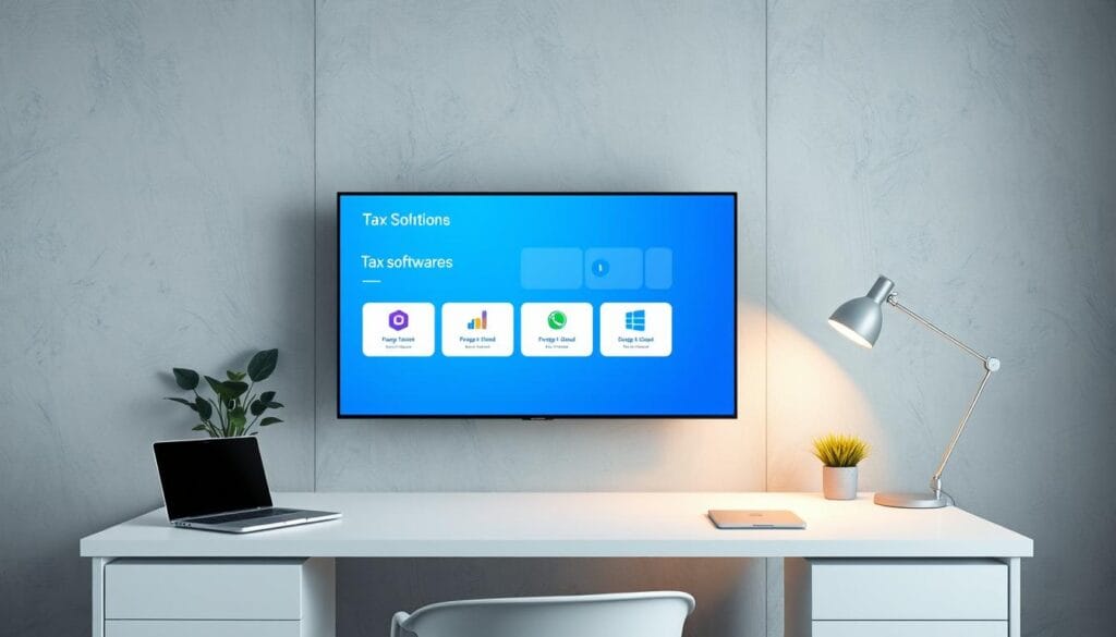 A modern, minimalist office setting with a large flat-screen display showcasing various tax software solutions on the screen. The display is positioned on a sleek, white desk with a professional-looking laptop, a stylish desk lamp, and a potted plant adding a touch of nature. The background features a clean, gray wall with subtle textures, creating a serene and focused atmosphere. The lighting is soft and even, highlighting the clarity and simplicity of the displayed software solutions. The overall composition conveys a sense of efficiency, organization, and the cutting-edge technology that powers the leading tax software offerings.